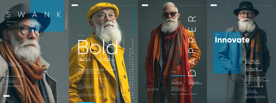 Typography poster design. Four stylish senior men in fashionable outfits, each with a unique pose and overlaid with inspirational words such as "Swank" and "Innovate" against a sleek background