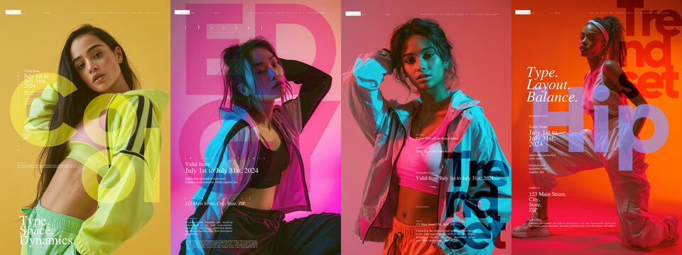 Typography poster design. Four women in sporty attire against dynamic, color-blocked backgrounds, each overlaid with large typographic design elements and promotional event details.