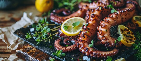 Grilled octopus with citrus and herbs - obrazy, fototapety, plakaty