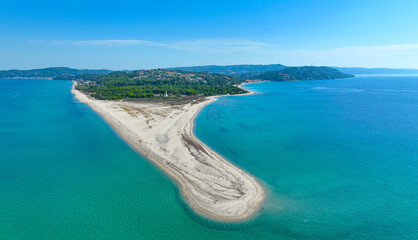 Drone (aerial) view of beautiful beach on Possidi Cape on Kassandra peninsula, Halkidiki...