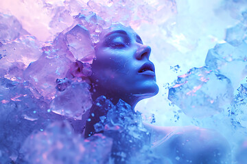 Portrait of a Woman Submerged in Icy Blue Crystals. Horizontal illustration