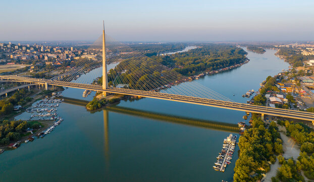 View of Ada Ciganlija from aerial drone and Most na Adi bridge over Sava River. Belgrade - Serbia