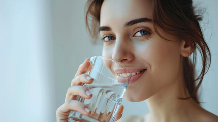 Sporty female drinks fresh pure water after fitness training - obrazy, fototapety, plakaty