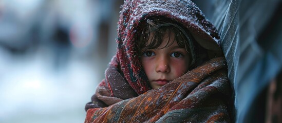 In freezing conditions, a homeless child seeks warmth by wrapping a shawl around themselves. - obrazy, fototapety, plakaty