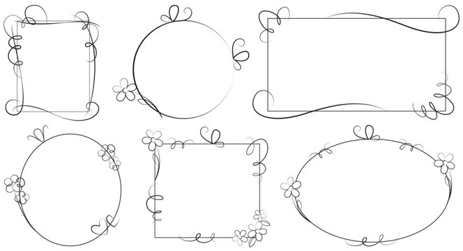 Set of elements, templates - cute vector sketch black and white contour frames with decorative hand-drawn elements, curls, flowers, stylized butterflies, and hearts.