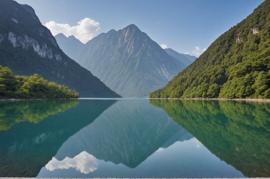 A calm mirror lake reflecting the image of a towering mountain range