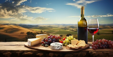 luxurious glass of wine and bottle on a wooden stump surrounded by a bunch of grapes against the backdrop of the Italian landscape, summer advertising image, ai generated