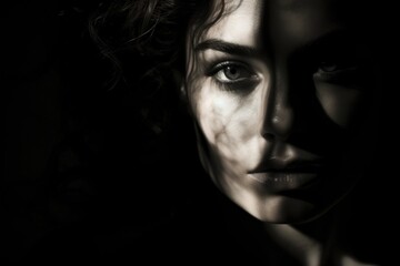 Portrait of a brunette woman in the dark with a captivating look and shadow play