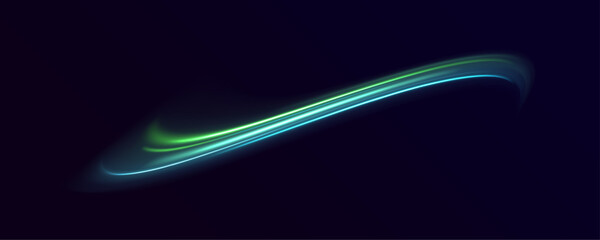 Futuristic dynamic motion technology. Neon color glowing lines background, high-speed light trails effect. Light and stripes moving fast over dark background.