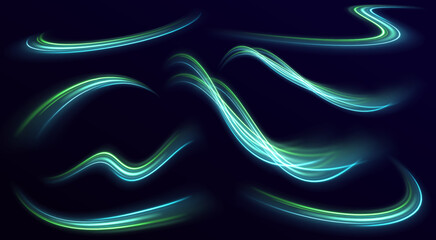 Neon color glowing lines background, high-speed light trails effect. Particle motion effect. Magic of moving fast lines. Vector illustration