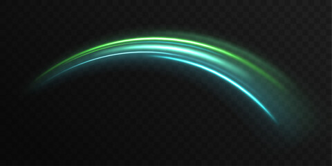 Magic green luminous glow design. Neon motion glowing wavy lines. Vector illustration.Neon swirl. Curve blue line light effect. Energy flow tunnel. Vector illustration