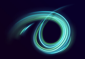 Futuristic dynamic motion technology. Neon color glowing lines background, high-speed light trails effect. Light and stripes moving fast over dark background.