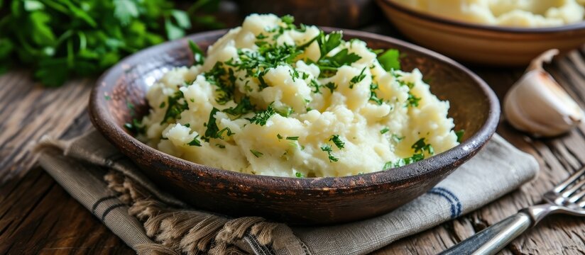 Garlic-baked mashed potatoes with parsley.