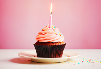 Birthday cupcake with candle with pink background