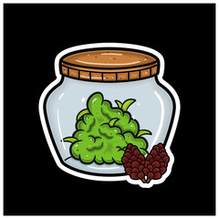 Pine Cone Flavor With Cartoon Mascot of Weed Bud On Jar. For Sticker and label.