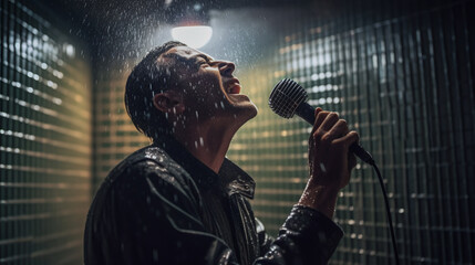 Man singing into microphone in the shower, rain, singing