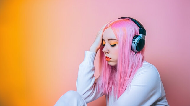 Young woman listening to music in headphones, music, headphones, enjoy
