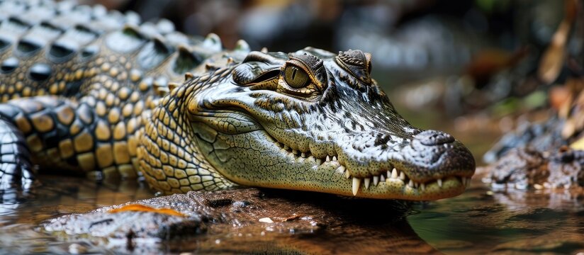 A young crocodile feasting in a watery habitat, among other toothy crocodiles.