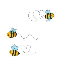 Set of cartoon bee mascot. A small bees flying on a dotted route. Wasp collection. Vector characters. Incest icon. Template design for invitation, cards. Doodle style