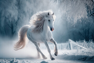 Obraz na płótnie Canvas graceful white stallion galloping through the forest