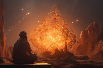 A fiery god interacts with a person meditating on a merkaba in a 3D illustration. Generative AI