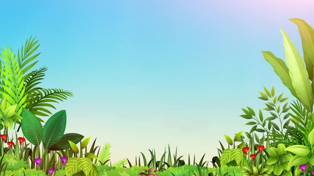 tropical plants moving in the wind in a loop animation on a sky  background, product 4k background 
