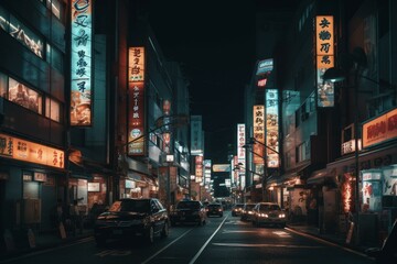Nightlife in Tokyo with illuminated billboards in downtown. Generative AI