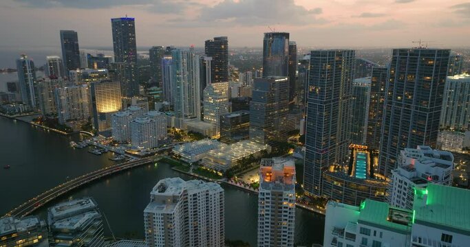Night in downtown district of Miami Brickell in Florida, USA. Waterfront American megapolis with business financial district
