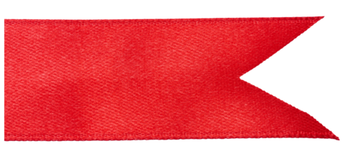 The ends of the red silk ribbon are sharply cut.