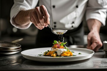 A chef preparing a delicious dish in a fine restaurant. - obrazy, fototapety, plakaty