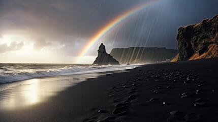 Black volcanic beach and rainbow, place looking like Iceland