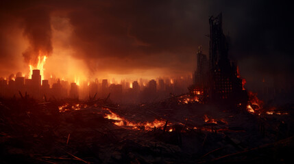Burning city, world war concept