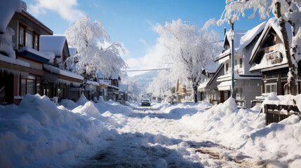Heavy snowfall in residential area, day
