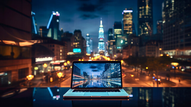 Laptop on table, illuminated city in the background