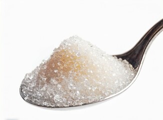Spoon of sugar closeup isolated on white background
