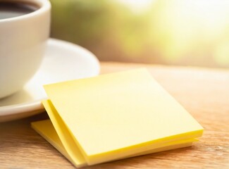 Blank post it with copy space next to cup of coffee - obrazy, fototapety, plakaty
