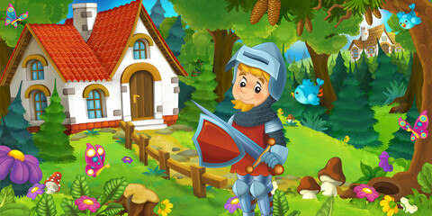 cartoon scene with beautiful rural wooden house in the forest on the meadow knight prince illustration for children