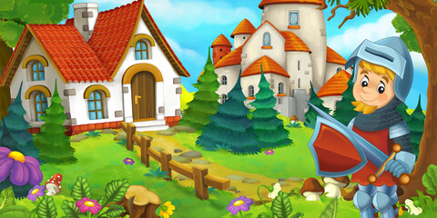 Obraz na płótnie Canvas cartoon scene with beautiful rural brick house near the kingdom castle in the forest on the meadow knight prince illustration for children