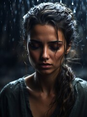 Beautiful sad woman under the rain on dark background