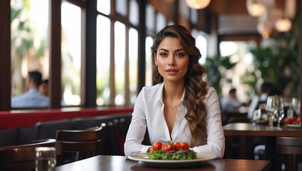 Beautiful latin young woman sitting alone in modern restaurant at lunch time - obrazy, fototapety, plakaty