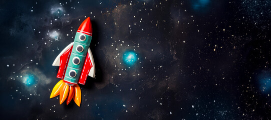 Toy Colorful Rocket Flying in Space Galaxy Background with Copy Space