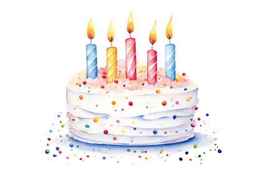 recommend clip art: Watercolor Birthday Meringue Cake with Five Candles Isolated on White Background. Birthday Celebration Cake