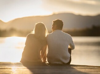 Couple sitting on a pier at lake. Romantic travel scene.
