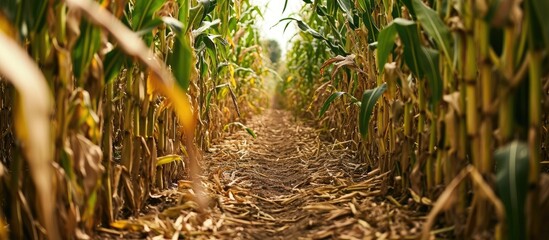 Popular tourist attraction created by cutting a maze in a corn field, with narrow footpath between stalks and leaves.