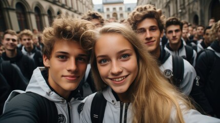 Fototapeta premium Global smiles: capturing joy in group selfies of cheerful and happy young people diverse nationalities, celebrating unity, friendship, cultural harmony in shared moments of happiness and togetherness.