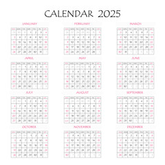 2025 calendar planner. Corporate week. Template layout, 12 months yearly, white background. Simple design for business brochure, flyer, print media, advertisement. Week starts from Monday