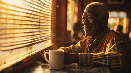 Older african-American male sitting in diner looking into Camera enjoying a cup of coffee during the early morning - obrazy, fototapety, plakaty