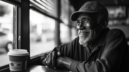 Older african-American male sitting in diner looking into Camera enjoying a cup of coffee during the early morning