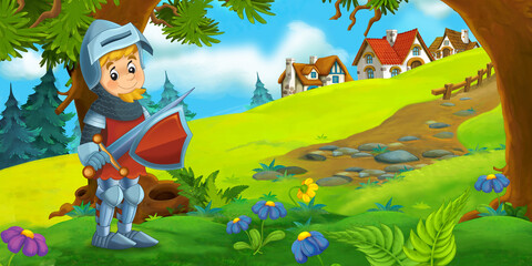 Obraz na płótnie Canvas cartoon summer scene with path in the forest - nobody on scene knight prince illustration for children