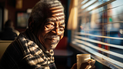 Older african-American male sitting in diner looking into Camera enjoying a cup of coffee during the early morning